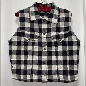 KrazyKat Vest Checkered Patch Buffalo Check Plaid Sleeveless Button Front Collar